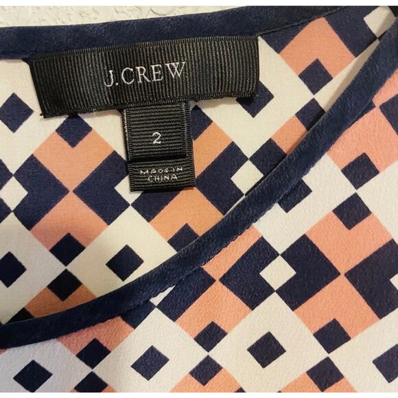 J. Crew Navy and Blush Geometric Pattern Silk Blouse Size 2 - Picture 9 of 10